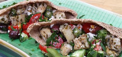 Recipe: Mahi-mahi Pitas With Feta, Cucumber, and Tomato Salad